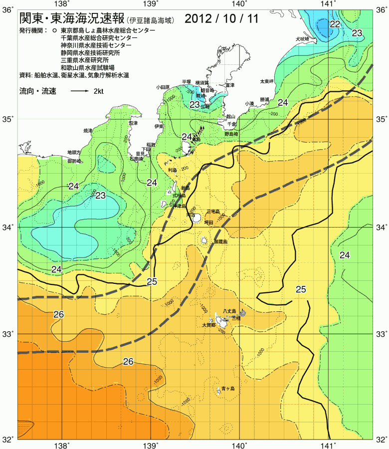 海況図, 関東・東海海況速報/伊豆諸島海域 検索結果, (黒潮, 水温分布, 冷水域, 暖水波及 等を図示)