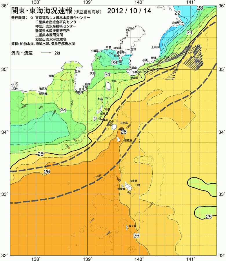 海況図, 関東・東海海況速報/伊豆諸島海域 検索結果, (黒潮, 水温分布, 冷水域, 暖水波及 等を図示)