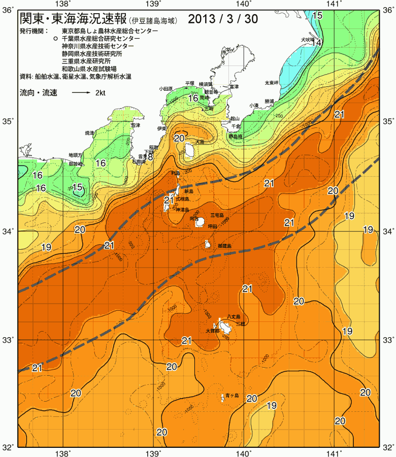 海況図, 関東・東海海況速報/伊豆諸島海域 検索結果, (黒潮, 水温分布, 冷水域, 暖水波及 等を図示)