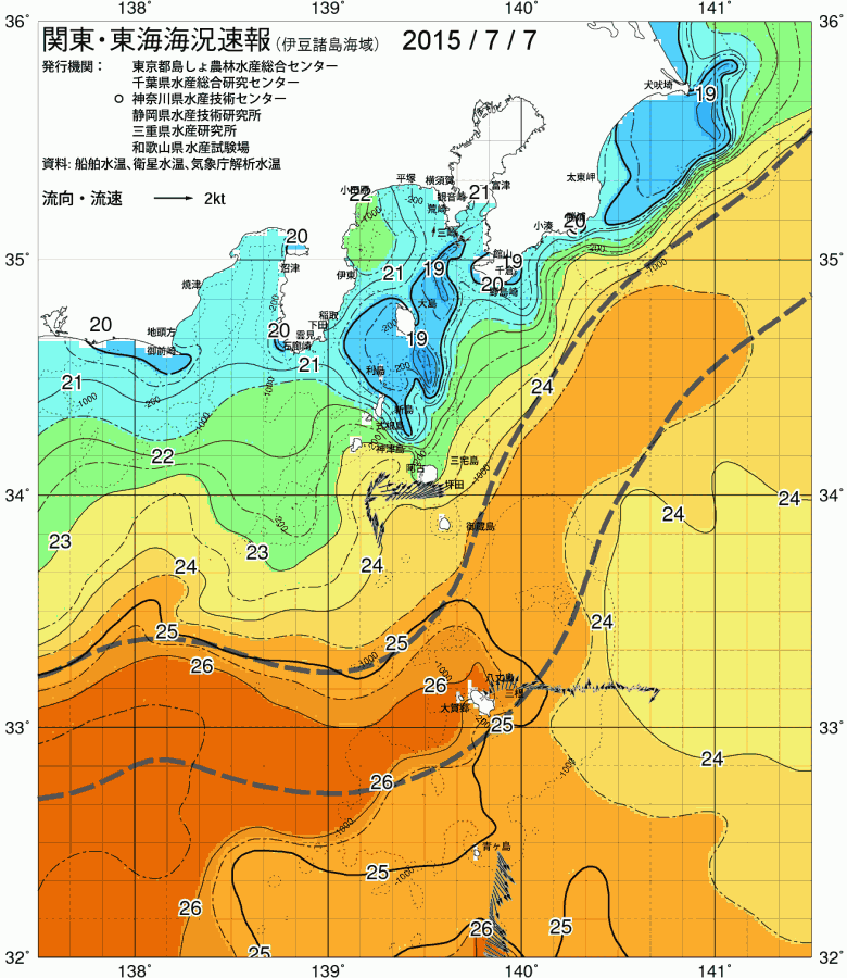 海況図, 関東・東海海況速報/伊豆諸島海域 検索結果, (黒潮, 水温分布, 冷水域, 暖水波及 等を図示)