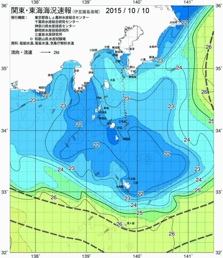 海況図, 関東・東海海況速報/伊豆諸島海域 検索結果, (黒潮, 水温分布, 冷水域, 暖水波及 等を図示)