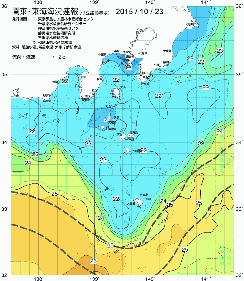 海況図, 関東・東海海況速報/伊豆諸島海域 検索結果, (黒潮, 水温分布, 冷水域, 暖水波及 等を図示)