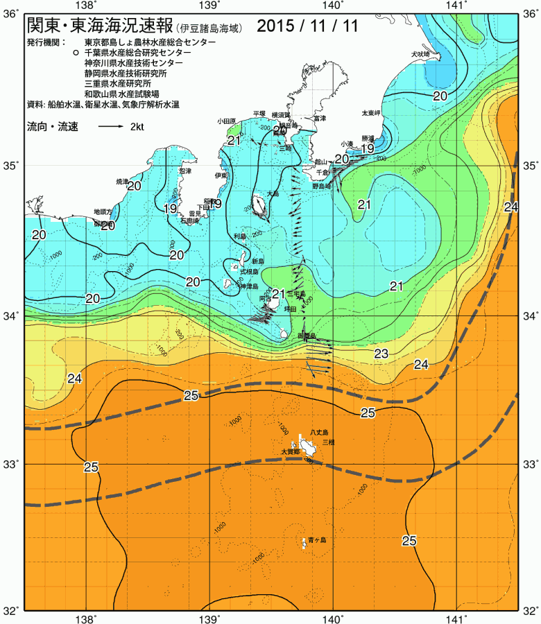 海況図, 関東・東海海況速報/伊豆諸島海域 検索結果, (黒潮, 水温分布, 冷水域, 暖水波及 等を図示)