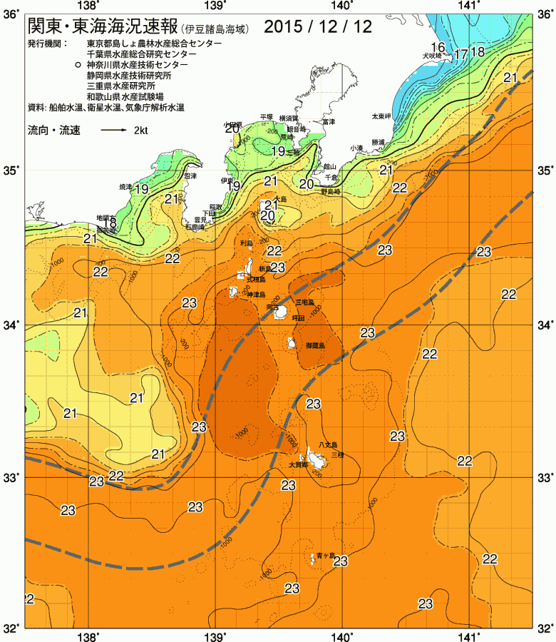 海況図, 関東・東海海況速報/伊豆諸島海域 検索結果, (黒潮, 水温分布, 冷水域, 暖水波及 等を図示)