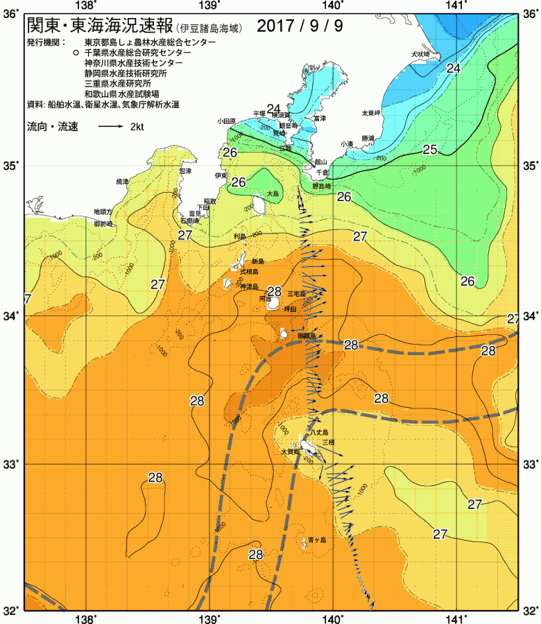 海況図, 関東・東海海況速報/伊豆諸島海域 検索結果, (黒潮, 水温分布, 冷水域, 暖水波及 等を図示)
