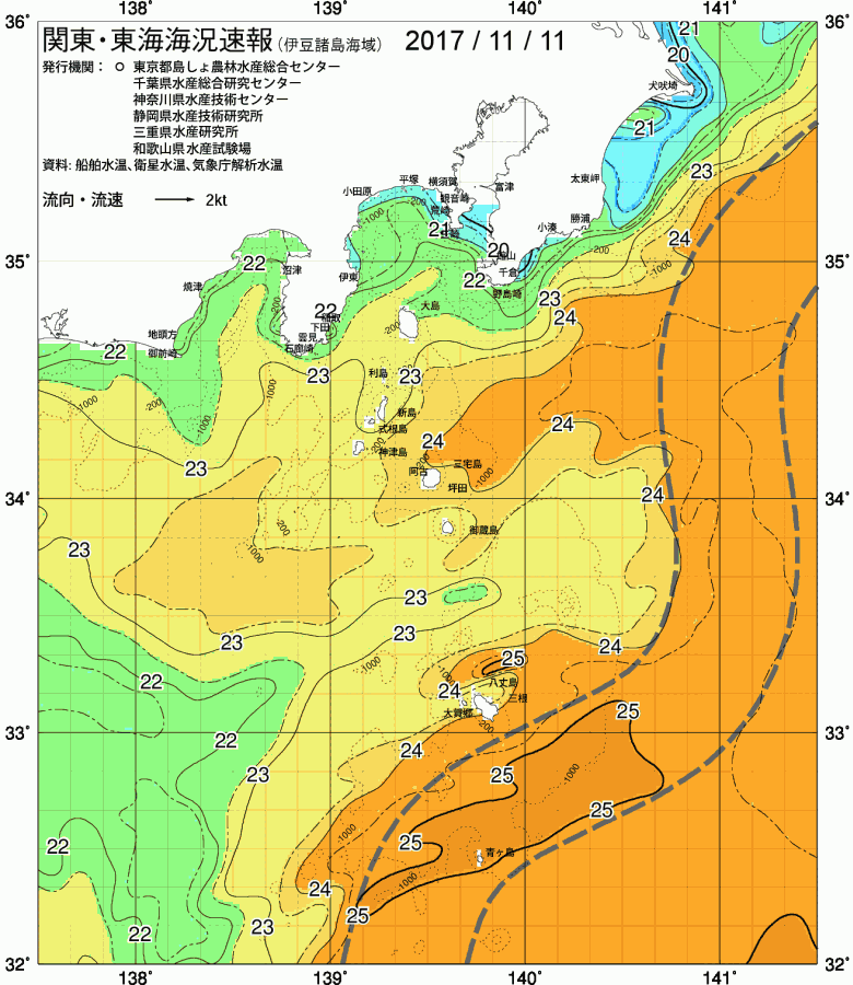 海況図, 関東・東海海況速報/伊豆諸島海域 検索結果, (黒潮, 水温分布, 冷水域, 暖水波及 等を図示)