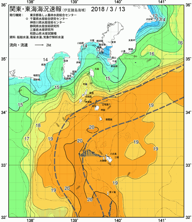 海況図, 関東・東海海況速報/伊豆諸島海域 検索結果, (黒潮, 水温分布, 冷水域, 暖水波及 等を図示)