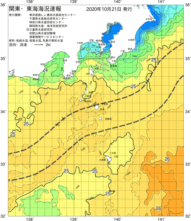 海況図, 関東・東海海況速報/伊豆諸島海域 検索結果, (黒潮, 水温分布, 冷水域, 暖水波及 等を図示)