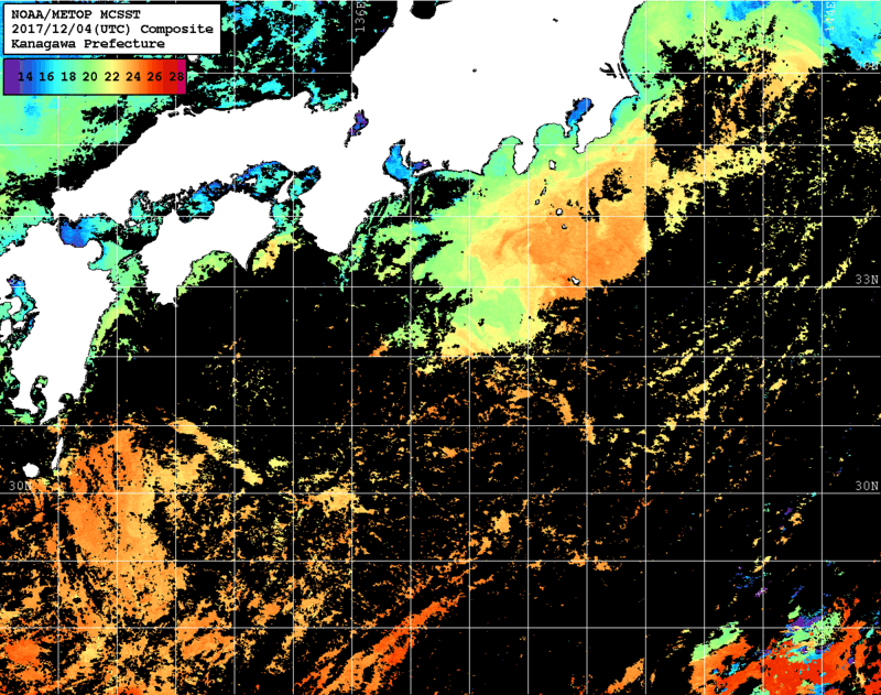 NOAA、MetOp 人工衛星画像 検索結果, 水温分布を図示