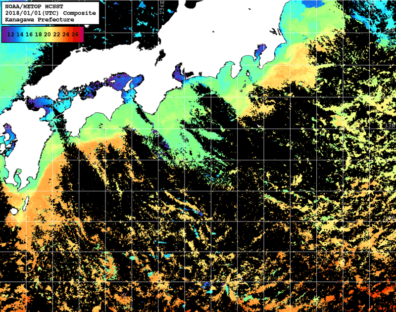 NOAA、MetOp 人工衛星画像 検索結果, 水温分布を図示