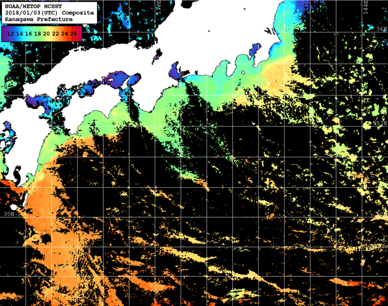NOAA、MetOp 人工衛星画像 検索結果, 水温分布を図示