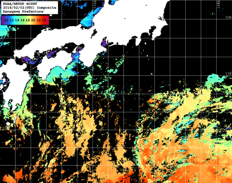 NOAA、MetOp 人工衛星画像 検索結果, 水温分布を図示