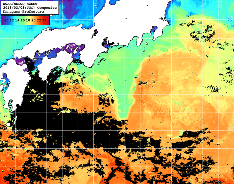 NOAA、MetOp 人工衛星画像 検索結果, 水温分布を図示
