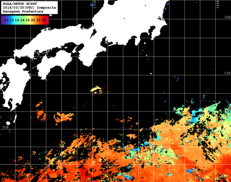 NOAA、MetOp 人工衛星画像 検索結果, 水温分布を図示