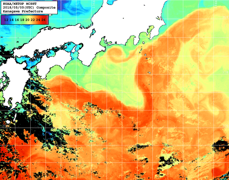 NOAA、MetOp 人工衛星画像 検索結果, 水温分布を図示