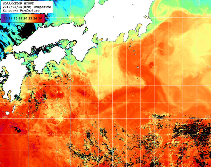 NOAA、MetOp 人工衛星画像 検索結果, 水温分布を図示