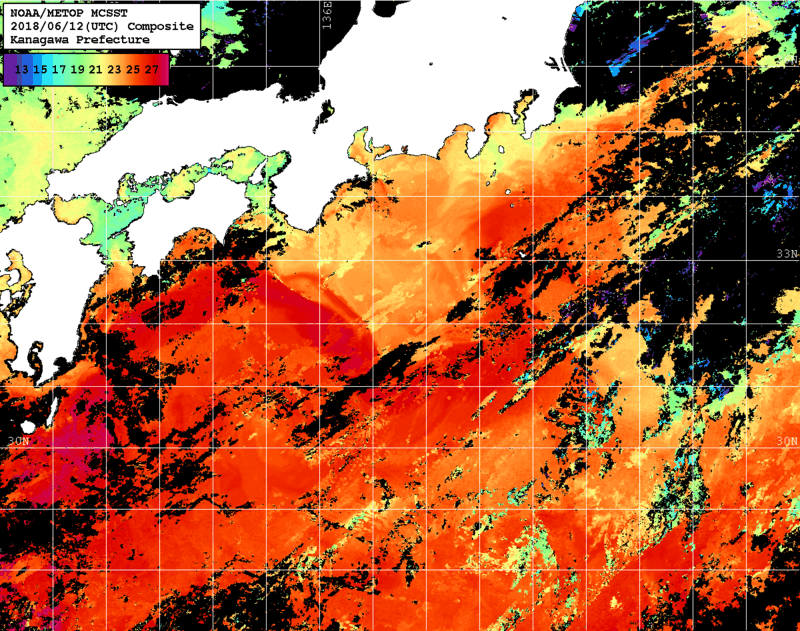 NOAA、MetOp 人工衛星画像 検索結果, 水温分布を図示