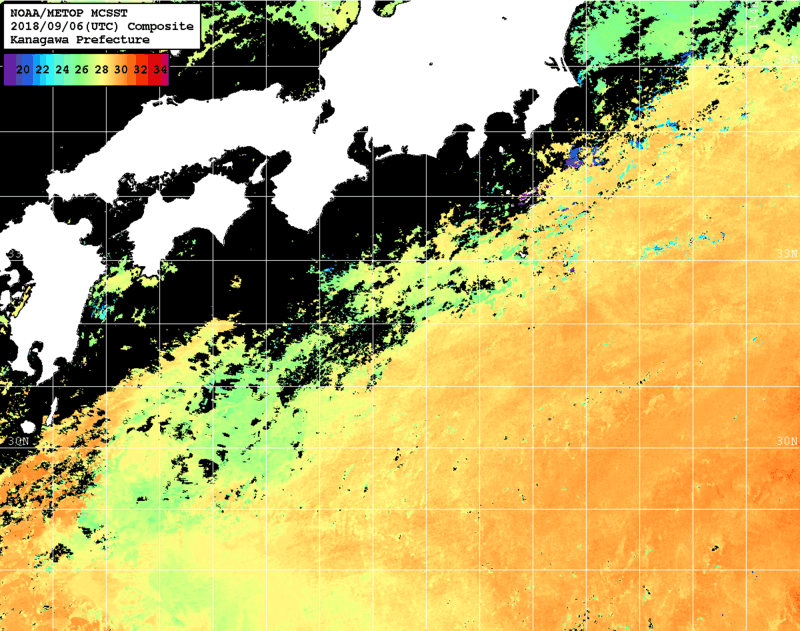 NOAA、MetOp 人工衛星画像 検索結果, 水温分布を図示