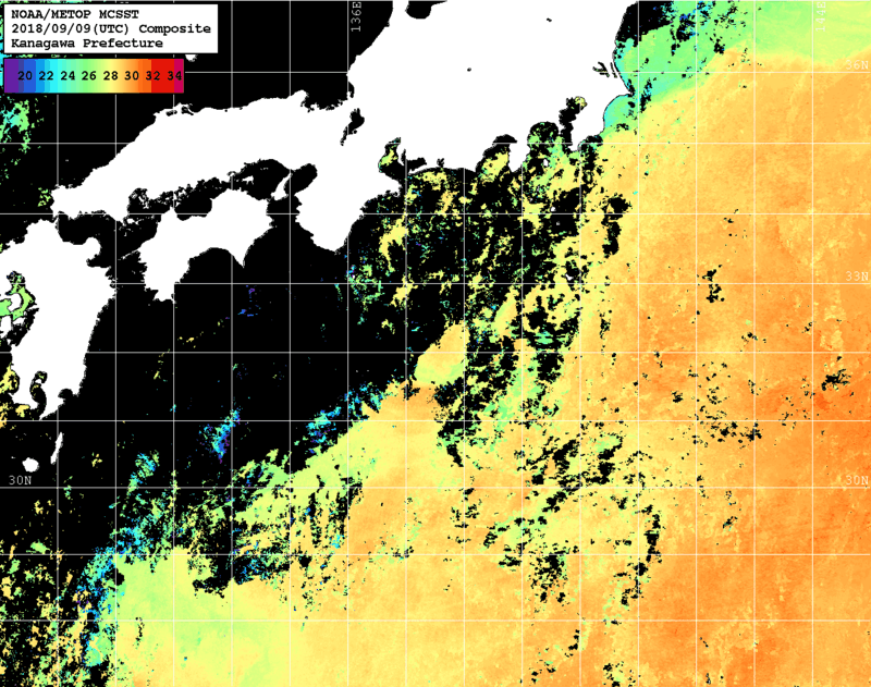 NOAA、MetOp 人工衛星画像 検索結果, 水温分布を図示