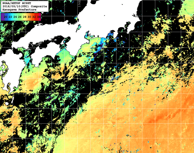 NOAA、MetOp 人工衛星画像 検索結果, 水温分布を図示