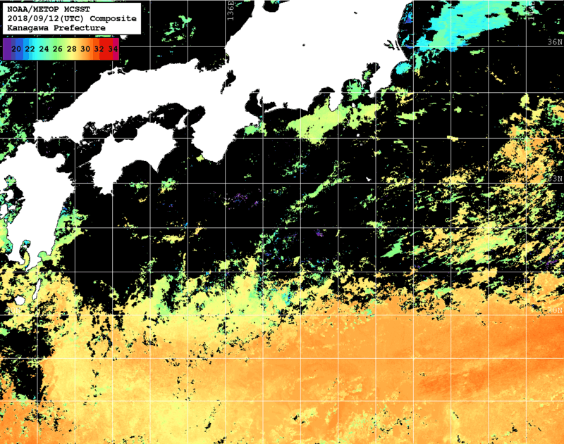 NOAA、MetOp 人工衛星画像 検索結果, 水温分布を図示