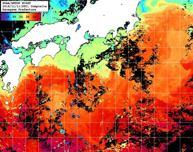 NOAA、MetOp 人工衛星画像 検索結果, 水温分布を図示