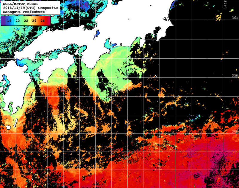NOAA、MetOp 人工衛星画像 検索結果, 水温分布を図示