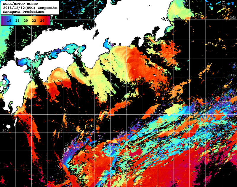 NOAA、MetOp 人工衛星画像 検索結果, 水温分布を図示