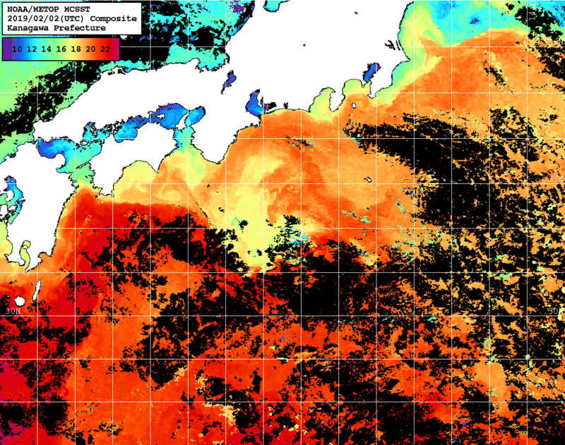 NOAA、MetOp 人工衛星画像 検索結果, 水温分布を図示