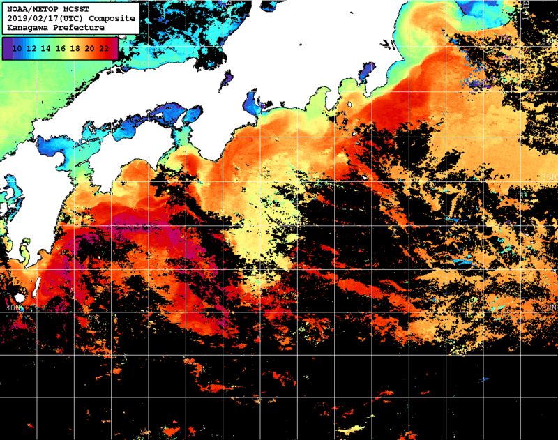 NOAA、MetOp 人工衛星画像 検索結果, 水温分布を図示