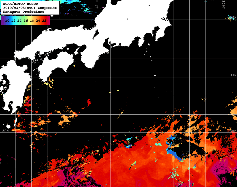 NOAA、MetOp 人工衛星画像 検索結果, 水温分布を図示