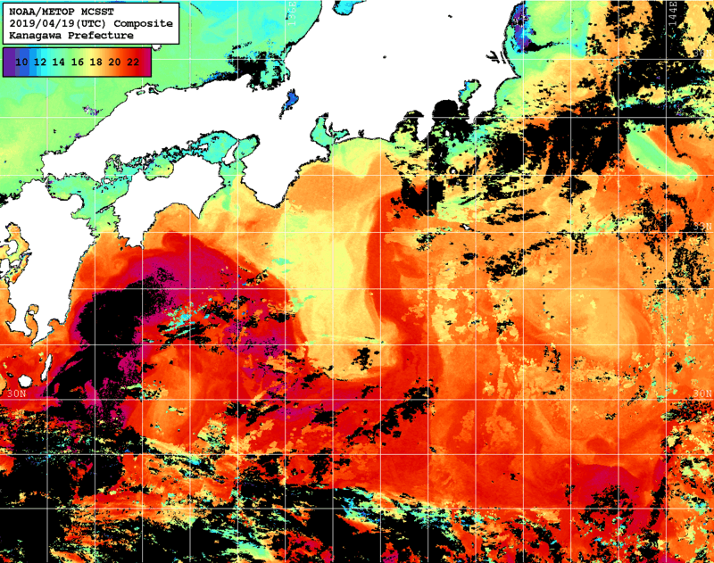 NOAA、MetOp 人工衛星画像 検索結果, 水温分布を図示