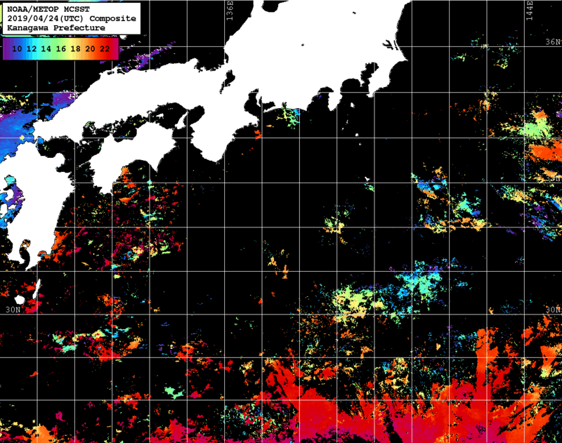 NOAA、MetOp 人工衛星画像 検索結果, 水温分布を図示