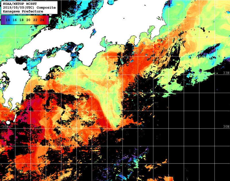 NOAA、MetOp 人工衛星画像 検索結果, 水温分布を図示