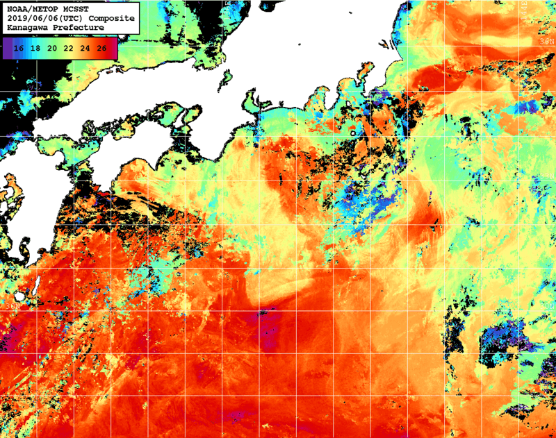 NOAA、MetOp 人工衛星画像 検索結果, 水温分布を図示