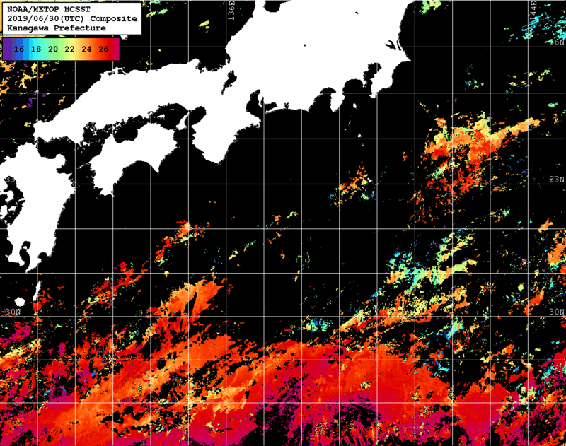 NOAA、MetOp 人工衛星画像 検索結果, 水温分布を図示