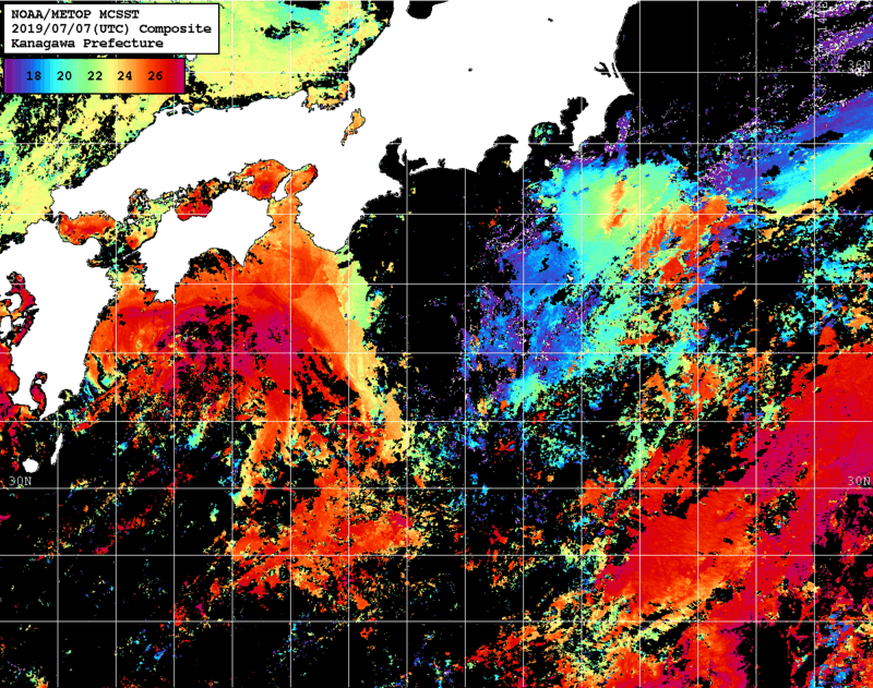 NOAA、MetOp 人工衛星画像 検索結果, 水温分布を図示