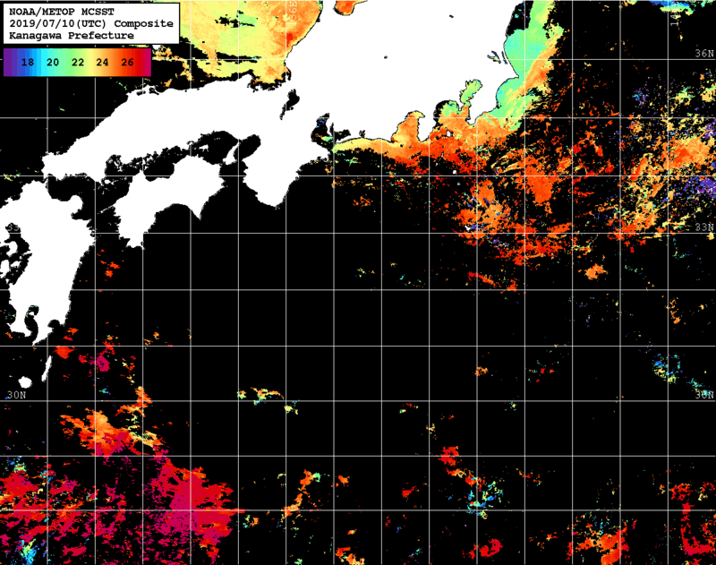 NOAA、MetOp 人工衛星画像 検索結果, 水温分布を図示