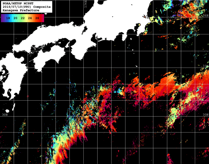 NOAA、MetOp 人工衛星画像 検索結果, 水温分布を図示