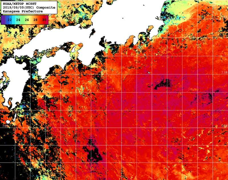 NOAA、MetOp 人工衛星画像 検索結果, 水温分布を図示