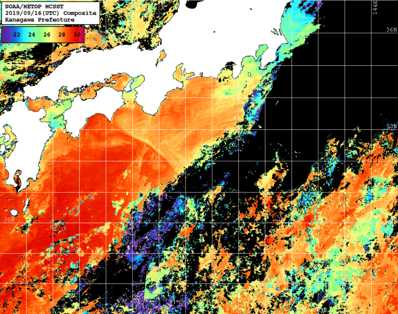 NOAA、MetOp 人工衛星画像 検索結果, 水温分布を図示