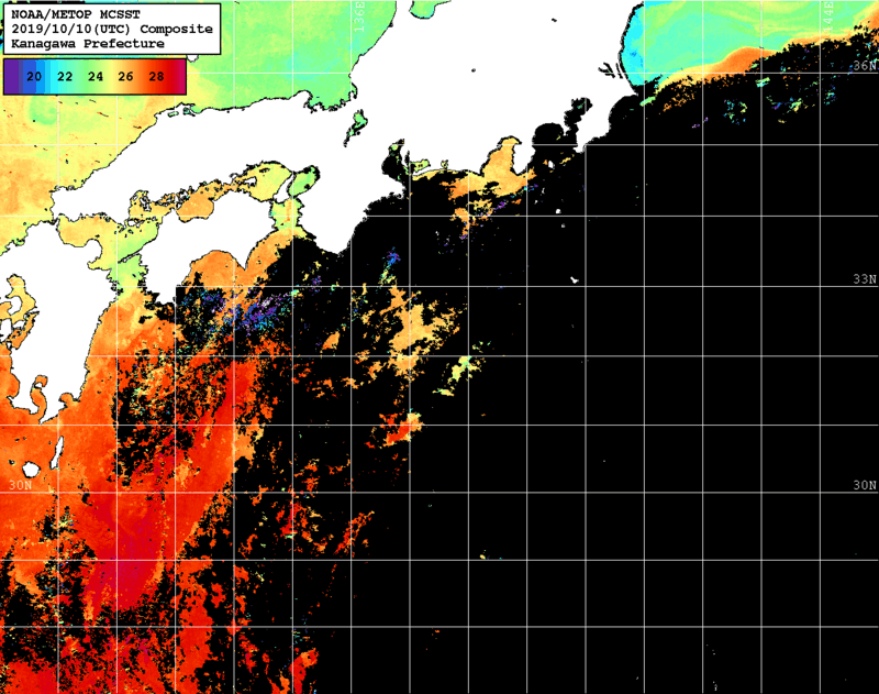 NOAA、MetOp 人工衛星画像 検索結果, 水温分布を図示