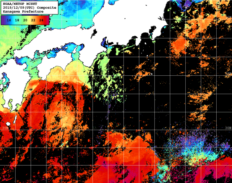 NOAA、MetOp 人工衛星画像 検索結果, 水温分布を図示