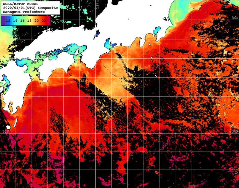 NOAA、MetOp 人工衛星画像 検索結果, 水温分布を図示