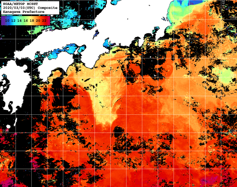 NOAA、MetOp 人工衛星画像 検索結果, 水温分布を図示