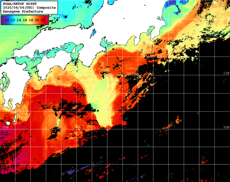 NOAA、MetOp 人工衛星画像 検索結果, 水温分布を図示