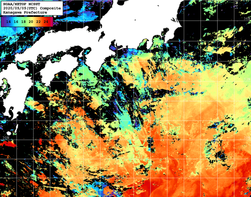 NOAA、MetOp 人工衛星画像 検索結果, 水温分布を図示