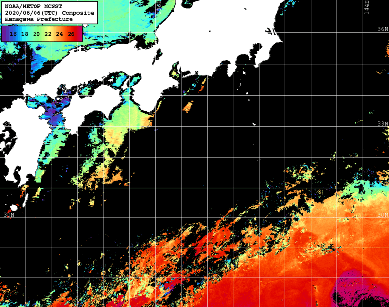 NOAA、MetOp 人工衛星画像 検索結果, 水温分布を図示
