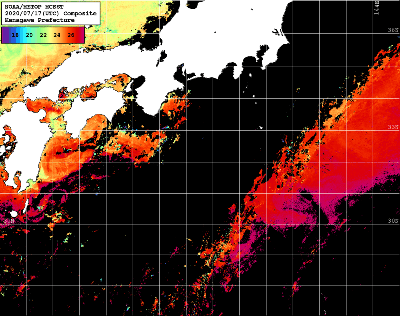 NOAA、MetOp 人工衛星画像 検索結果, 水温分布を図示