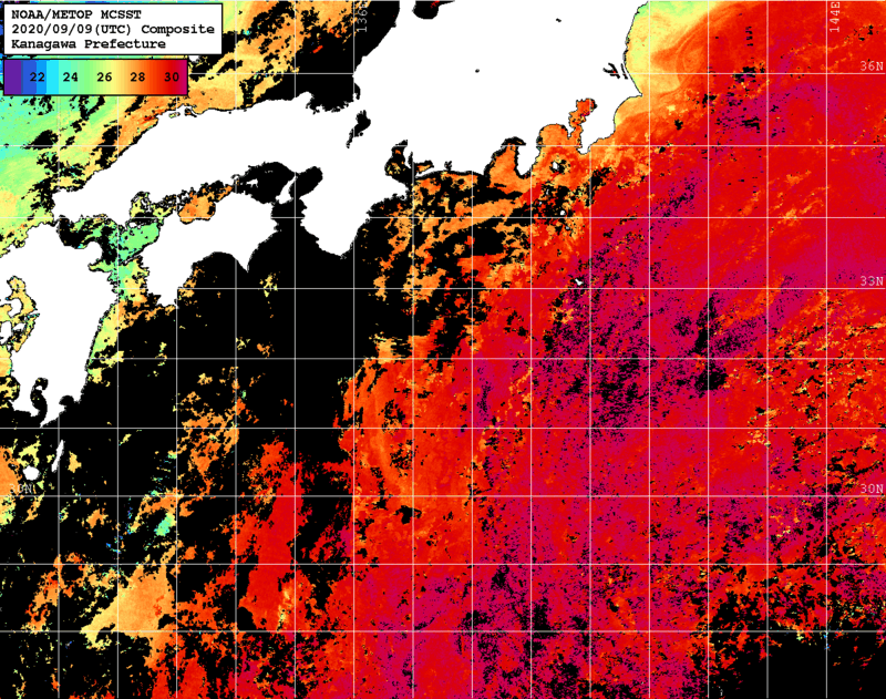 NOAA、MetOp 人工衛星画像 検索結果, 水温分布を図示